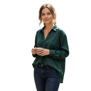 Double Zero Satin Blouse Womens Small Forest Green Long Sleeve V-Neck Dressy Top